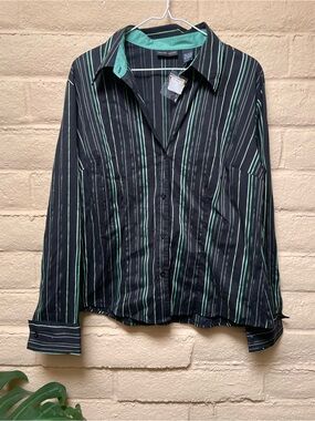 New York & Company Black Shirt with Green Pinstripes